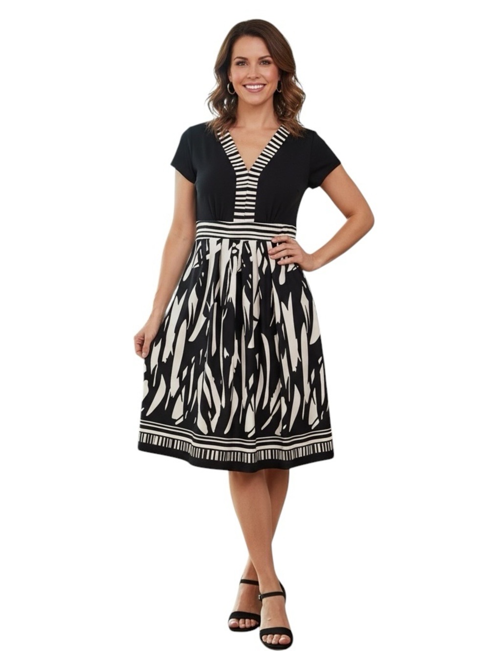 new directions Black and White V-Neck Flare Dress Petite Stretch Cap Sleeve